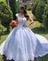 Elegant Lace Wedding Dress Ball Gown Cap Sleeve Appliques Bridal Gowns with Sheer V-Neck